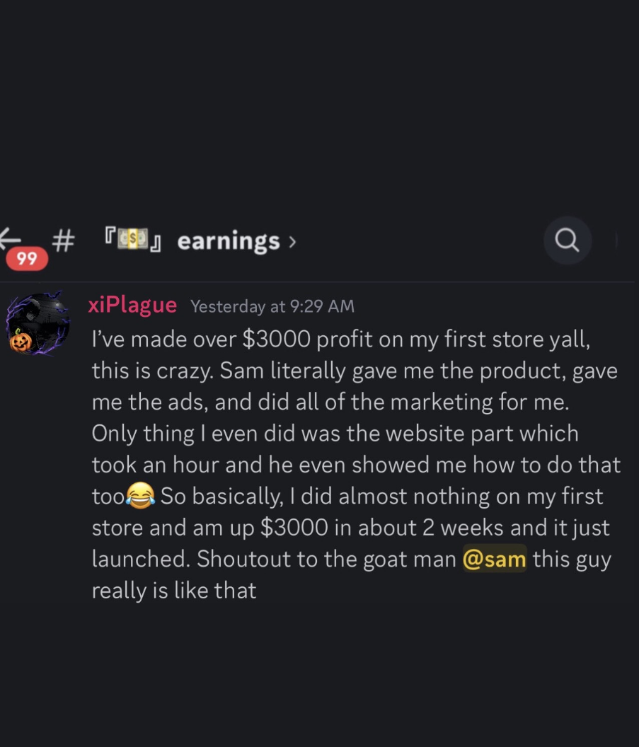 Client message about $3,000 profit